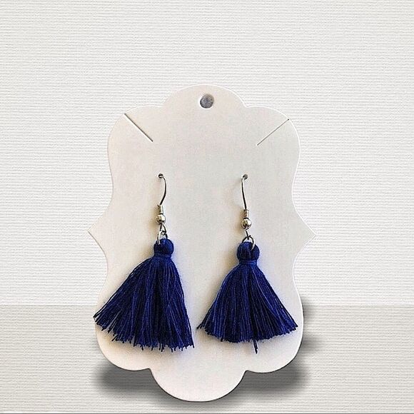 Tassel Earrings Silver Navy Blue Boho Festival Handmade USA Feminine - Picture 1 of 9